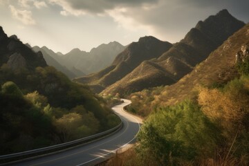 Poster - long, winding road with dramatic mountain views, leading to picturesque destination, created with generative ai