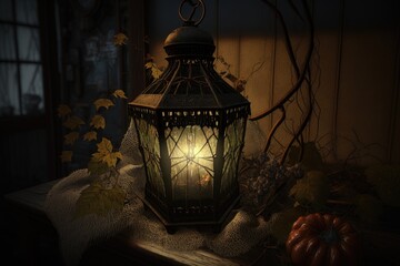 Wall Mural - cobweb-covered lantern illuminating dark and cozy corner, created with generative ai