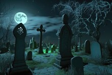 Ghostly Graveyard At Night, With Eerie Moonlight And Spooky Shadows, Created With Generative Ai