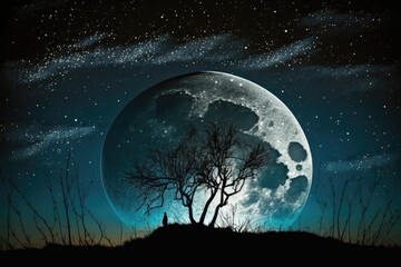 Canvas Print - full moon silhouetting a clear night sky with stars, created with generative ai