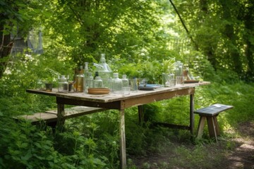 Sticker - a picnic table, with glasses and plates, surrounded by greenery, created with generative ai