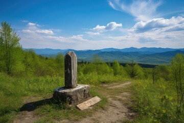 Sticker - a trail marker with a view of the surrounding scenery, including mountains and blue skies, created with generative ai