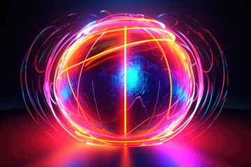 Canvas Print - abstract neon glowing sphere with energy lines, created with generative ai