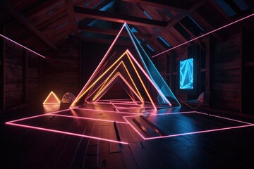 Canvas Print - glowing neon geometric shapes in a dark room, created with generative ai