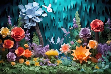 Poster - creative origami paper flower garden scene, created with generative ai