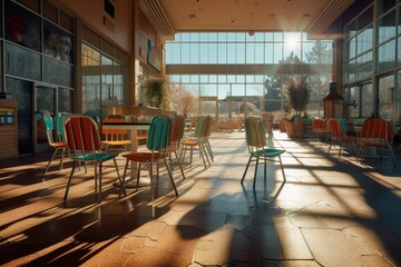 Wall Mural - sunlit empty food court with scattered chairs, created with generative ai