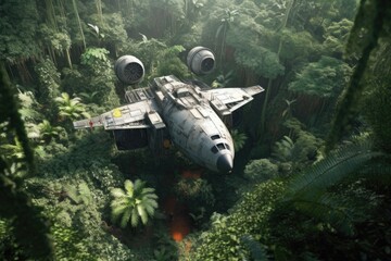 Wall Mural - aerial view of a dilapidated spacecraft in a jungle clearing, created with generative ai