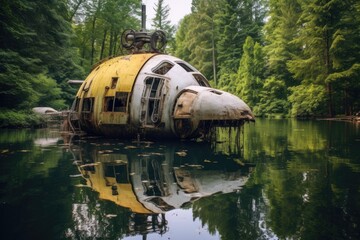 Wall Mural - abandoned spaceship half-submerged in lake, created with generative ai