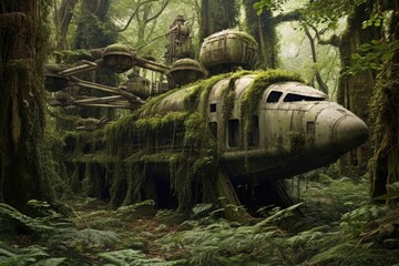 Wall Mural - overgrown vines covering an ancient spacecraft, created with generative ai