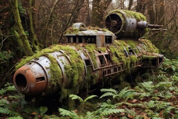Wall Mural - rusty spacecraft covered in ivy and moss, created with generative ai