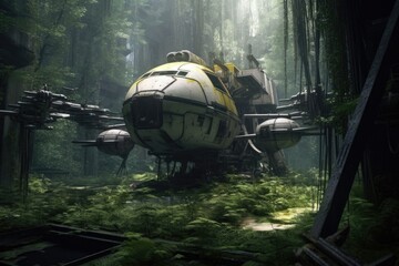 Wall Mural - abandoned spacecraft in a dense forest, created with generative ai