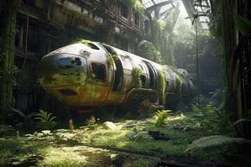 Wall Mural - abandoned spaceship with broken glass windows in jungle, created with generative ai