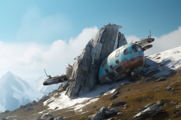 Wall Mural - crashed spacecraft on a remote mountain peak, created with generative ai