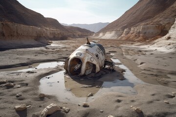 Wall Mural - spacecraft remains in a dried-up riverbed with cracked earth, created with generative ai