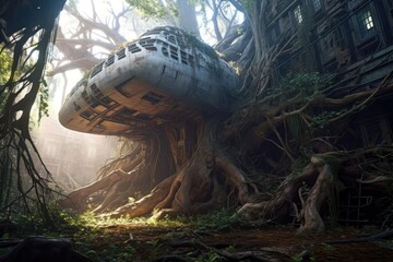 Canvas Print - sunlit abandoned spaceship entangled in tree roots, created with generative ai