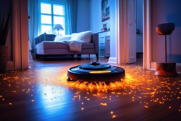 Poster - led lights illuminated on robot vacuum during operation, created with generative ai