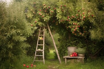 Canvas Print - ladder leaning against apple tree with full basket below, created with generative ai