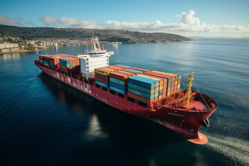 Wall Mural - Aerial panorama of a cargo ship carrying container on blue ocean. AI Generated