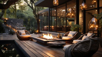 an image of a beautiful outdoor seating area, with several luxurious chairs arranged around a fire p