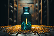 © AI_images - glass bottle with empty pill capsules in the background, in the style of dark teal and gold. AI Generated
