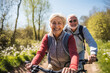 © wolfhound911 - Happy older couple explores nature by bike on sunny day. AI Generated