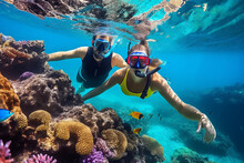 Happy Couple Snorkeling In A Wonderful Coral Reef. AI Generated