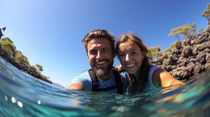 Wall Mural - happy couple snorkeling in a wonderful coral reef. AI Generated