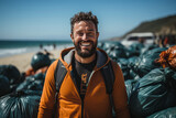 Fototapeta Miasto - portrait close up smiling mixed race volunteer man collecting trash on the beach. AI Generated