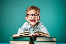 Portrait Of A Happy Child Little Boy With Glasses Sitting On A Stack Of Books And Reading A Books, Light Blue Background. AI Generated