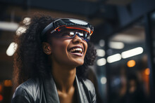 Portrait Of Smiling Woman Wearing Virtual Reality Glasses, Blurred Office Background. AI Generated