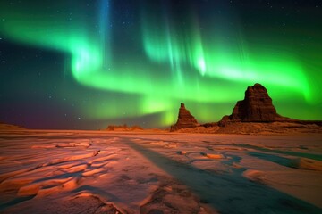 Wall Mural - colorful aurora lights dancing over mars desert landscape, created with generative ai