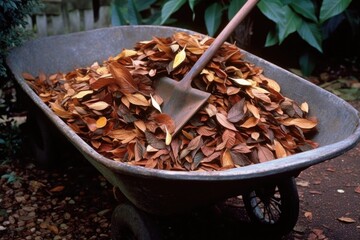 Poster - close-up of raked leaves in a wheelbarrow, created with generative ai