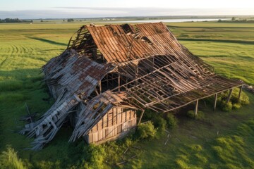 Poster - aerial view of a collapsed barn before restoration, created with generative ai