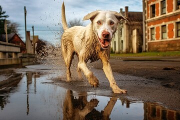 Canvas Print - wet dog shaking near a puddle, causing a water ripple effect, created with generative ai