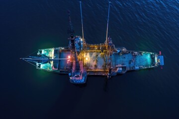 Sticker - overhead drone view of fishing trawler at dusk, created with generative ai