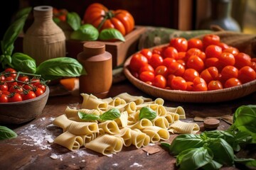 Wall Mural - freshly rolled pasta with tomatoes and basil, created with generative ai