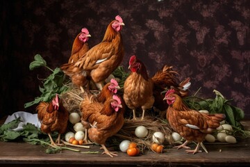 Wall Mural - hens surrounding a pile of kitchen scraps, created with generative ai