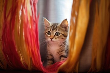 Canvas Print - kitten hiding behind a curtain, feather toy in sight, created with generative ai