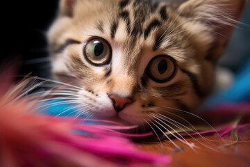 Sticker - feather toy teasing kitten from above, eyes focused, created with generative ai