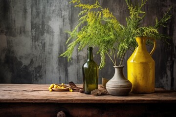 Canvas Print - olive oil and branches composition on rustic table, created with generative ai