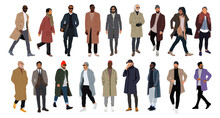 Set Of Different Men Wearing Coats, Stylish Autumn, Winter Warm Clothes. Big Collection Of Male Characters Standing, Walking Full Length. Vector Realistic Illustration Isolated, Transparent Background