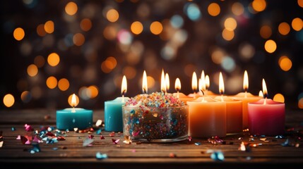 Canvas Print - birthday cake with candles. Happy birthday, celebration, greeting card, banner background, colorful birthday cake with many burning candles on wooden table