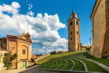 Small Church, Belfry And Open Air Amphitheater In Small Town Of Monforte D'Alba, Italy.