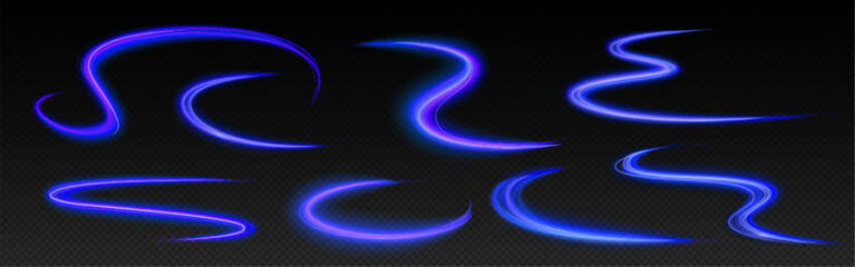 Realistic set of neon blue light lines isolated on transparent background. Vector illustration of abstract traffic speed lines, magic energy motion swirl, shiny curve trail, luminous flow vortex