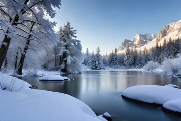 Poster - winter landscape with lake and mountains in snowy morning