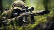 Camouflaged sniper taking a shot. Generative AI