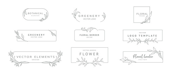 Wall Mural - Elegant floral frames. Logo templates in minimal linear style with hand drawn branches and leaves. Botanical vector illustration for labels, corporate identity, wedding invitation, save the date