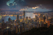 Blue Hour Before Sunrise Over Victoria Harbour Hong Kong, Hong Kong