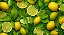 Lemons And Lemons With Green Leaves On A Green Background, Creative Food Summer Citrus Fruits Banner Panorama Wallpaper, Seamless Pattern Texture, Top View Of Many Fresh Lemons, Ai Generative