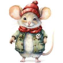 Watercolor Cute Christmas Mouse In A Hat And Jacket, Winter Illustration. Generative AI